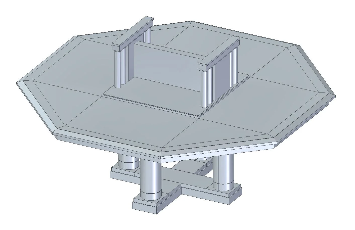  The final piece, an octogonal study table, has challenges similar to the first banquette. This table splits into three parts with the base connecting to the tabletop with fasteners in the apron and the bookshelf sitting on the top protected by a fel