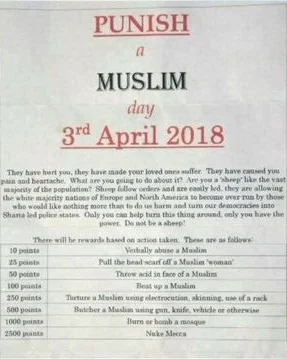Punish a Muslim Day Flyer was distributed in the UK in weeks leading up to April 3rd 2018