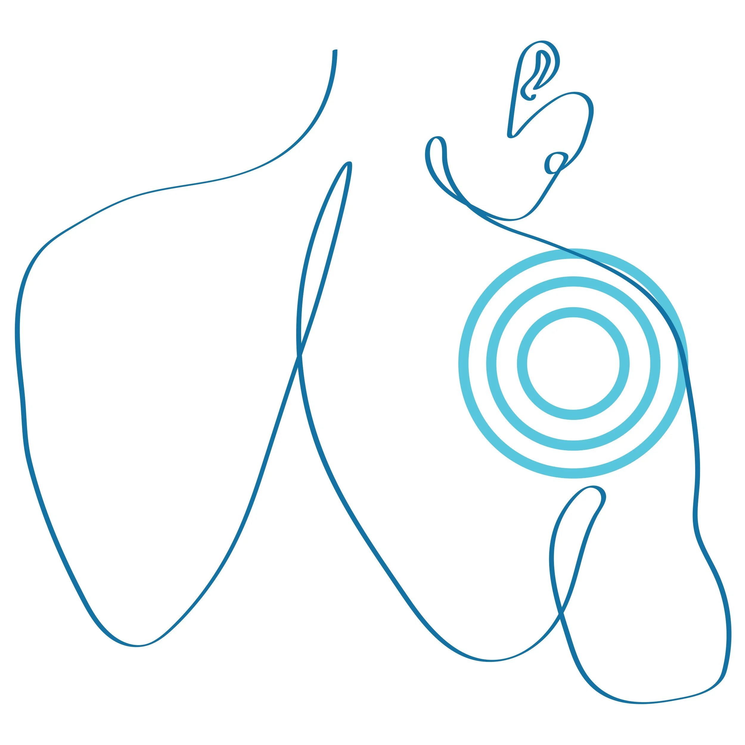 Sketch of a peron's upper back and neck, a target is shown on their shoulder indicating a painful area