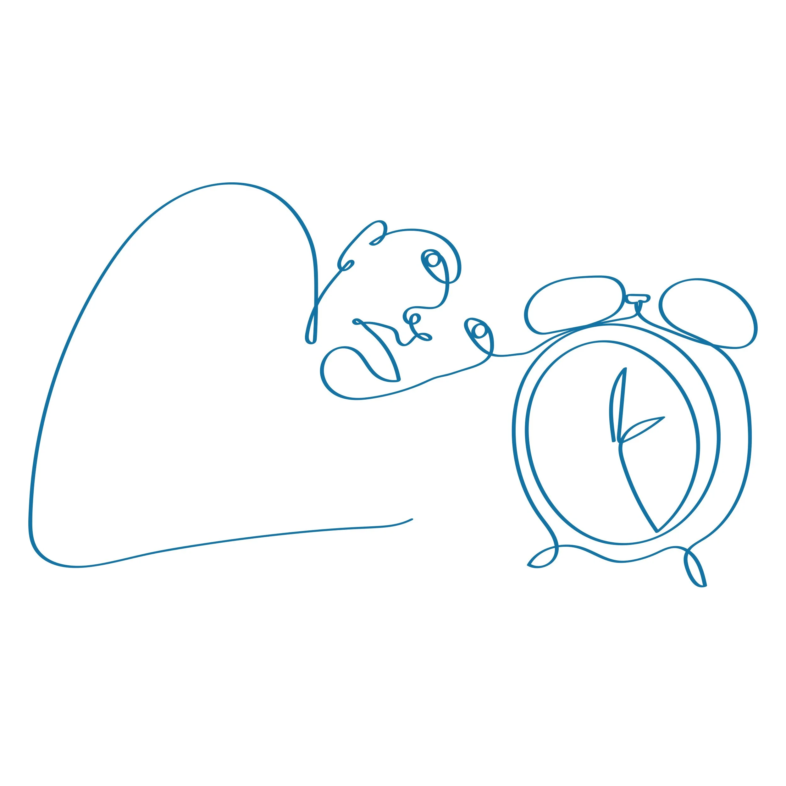 Line drawing person wide awake next alarm clock showing 2am