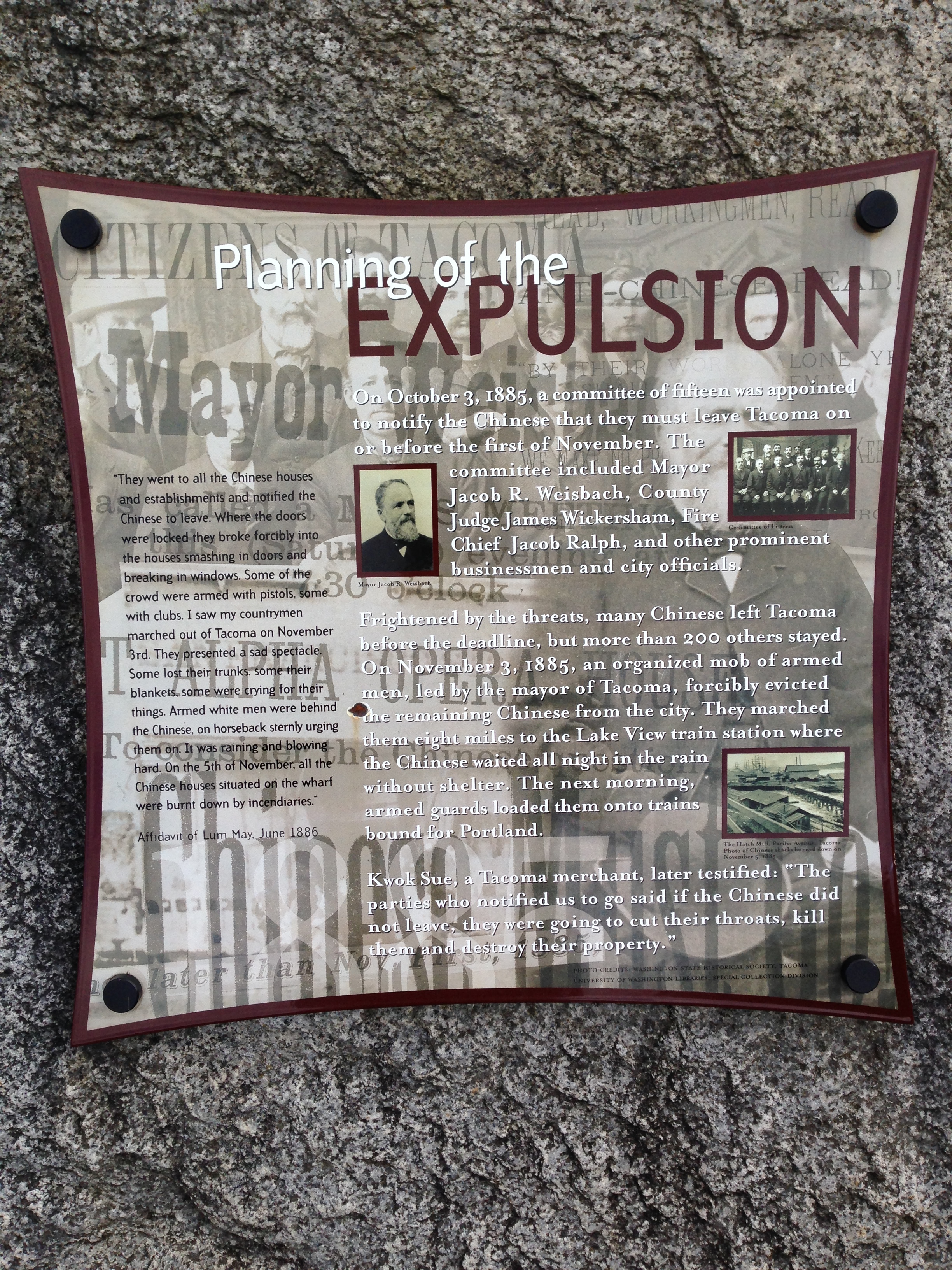  Plaque detailing the Tacoma Expulsion of 1885. Cesare Bigolin. 