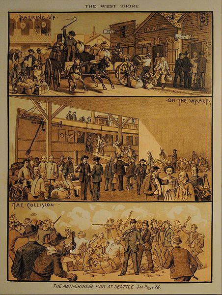 An artist’s rendition of the Seattle riot of 1886, from The West Shore magazine, March 1886. Wikimedia Commons .