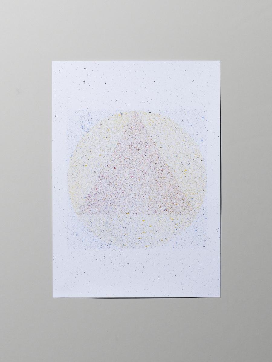  Speckled painting of primary colours and simple goemetric shapes. Photo:  Michael Bodiam.  