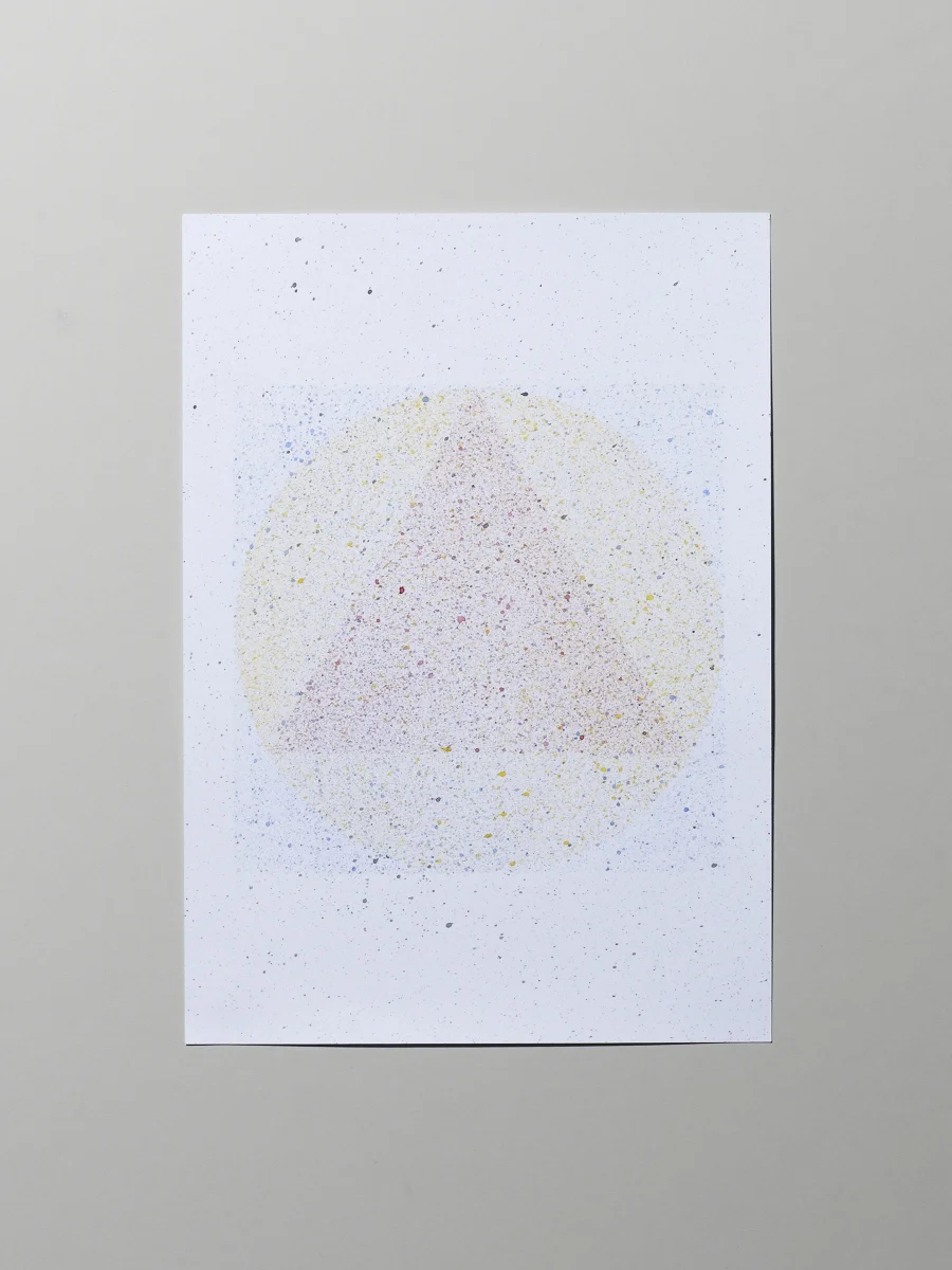Speckled painting of primary colours and simple goemetric shapes. Photo: Michael Bodiam.