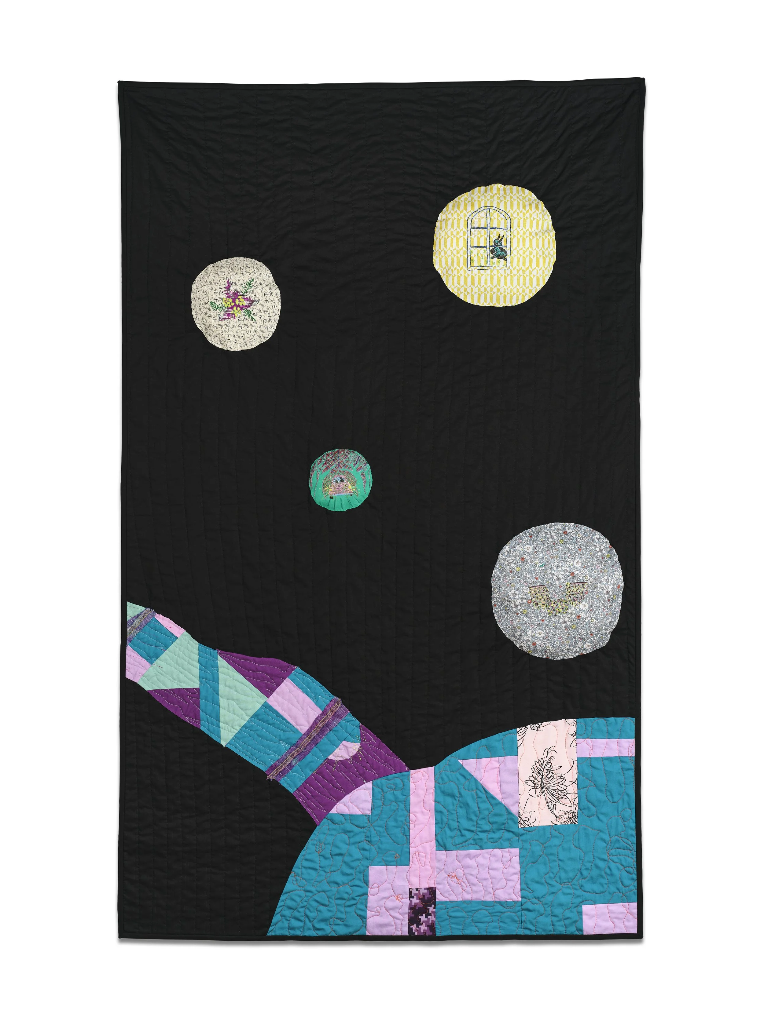 An improvised quilt featuring part of the tail of a blue, purple, and pink creature. The black background features cosmic embroidered bubbles depicting the creature's dreams. Improvised quilting, site-specific installation, quilt panel 2 of 10.