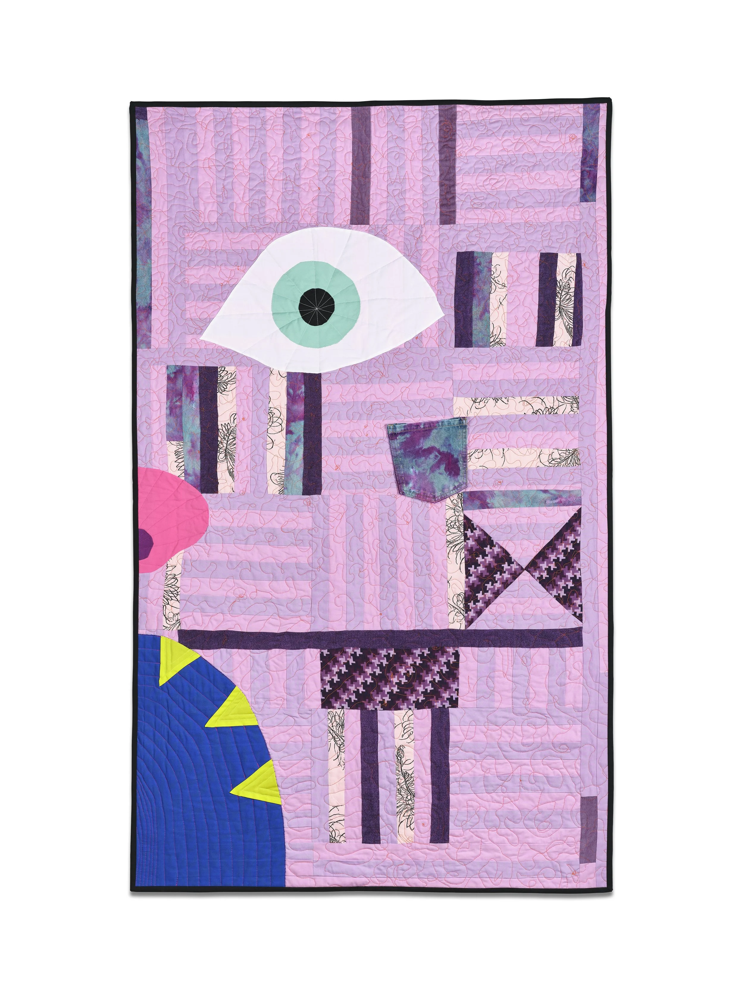 An improvised free motion appliquéd and pieced quilt featuring a purple and pink creature's face with left eye, right half of nose, right half of mouth. Site specific installation, quilt panel 8 of 10.