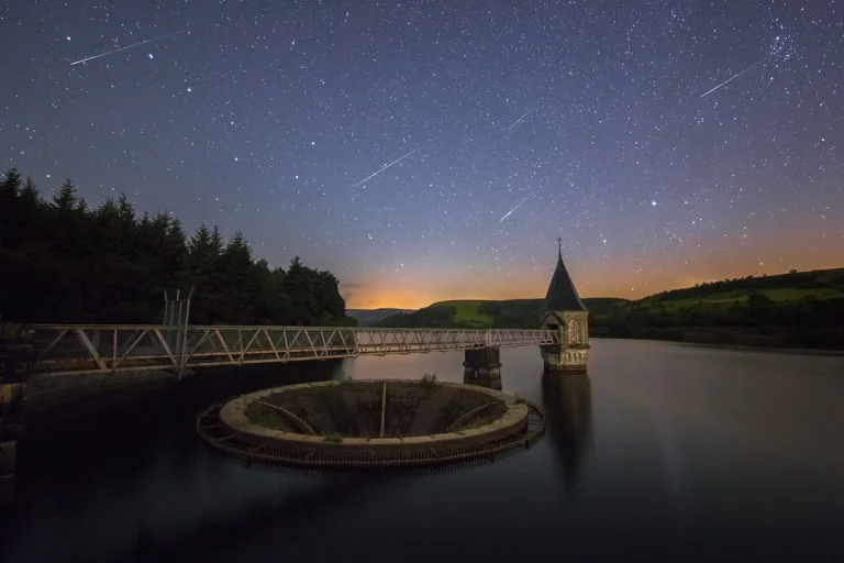 Perseids meteors over Pontsticill Reservoir, Brecon Beacons