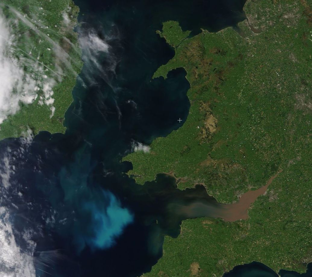 Satellite imagery from 26th May 2017 showing the plankton bloom off the coast of Wales