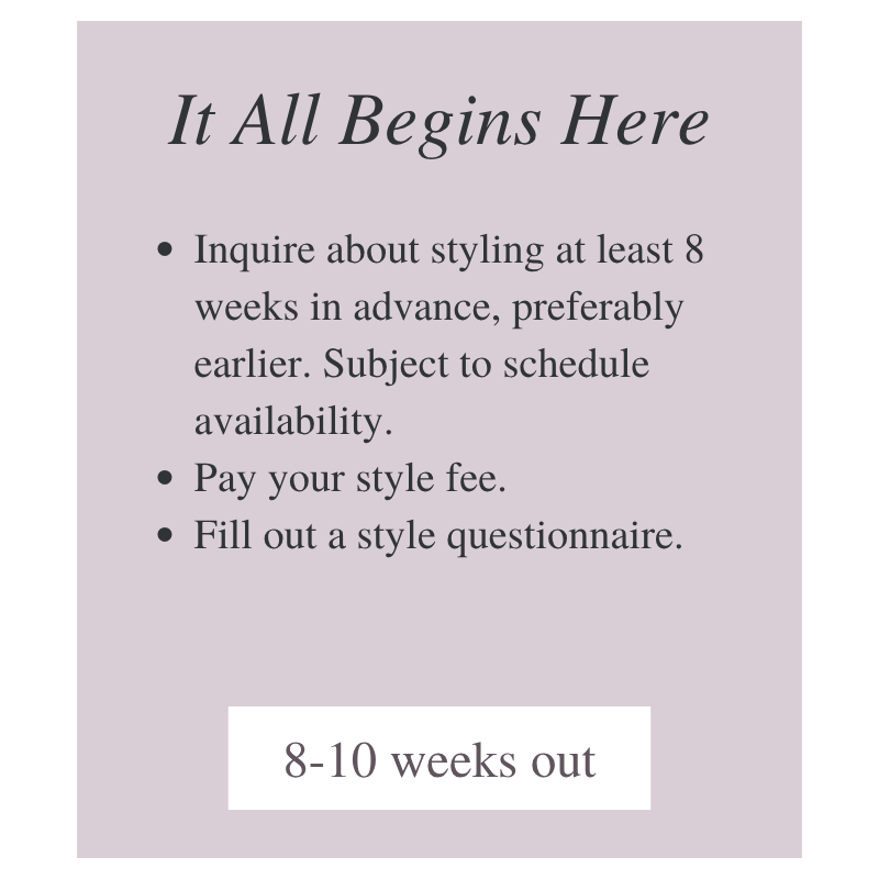 Instructional graphic titled 'It All Begins Here' outlining steps for styling appointment scheduling, including inquiries 8-10 weeks in advance, paying a style fee, and filling out a questionnaire.