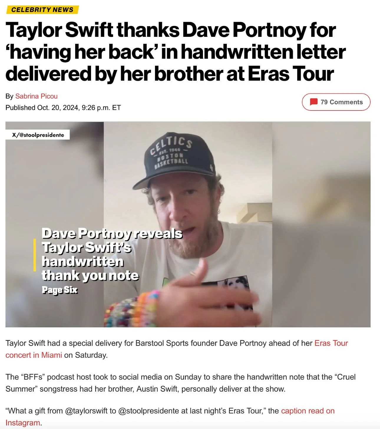 With Taylor Swift in the news with the recent debut of her new album, I wanted to share a fun handwritten note story that I came across last year... Taylor Swift had a special delivery for Barstool Sports founder Dave Portnoy ahead of her Eras Tour c