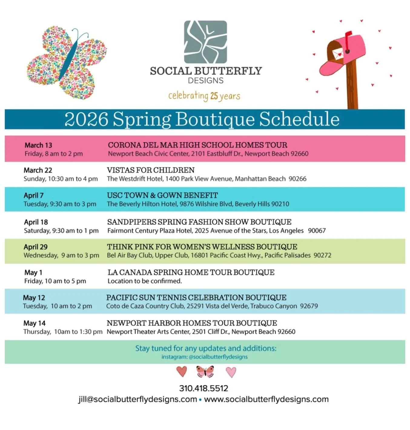 And suddenly it&rsquo;s spring again&hellip;here is our current show schedule but stay tuned for updates. First up, @cdmhometour2026 this Friday at the Newport Beach Civic Center.