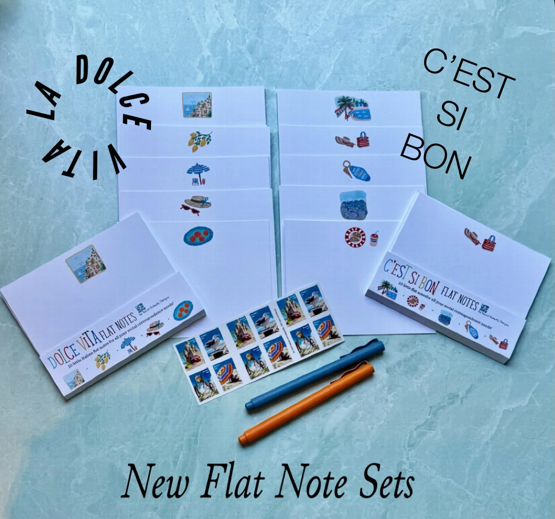 Pick your favorite Summer Riviera.  Two new flat note sets just landed &mdash; La Dolce Vita 🇮🇹🍋 or C&rsquo;est Si Bon 🇫🇷🥐! Team Italy or Team France &mdash; tell me below?👇 Free Shipping on all Flat Notes through August 31 &mdash; use code FL