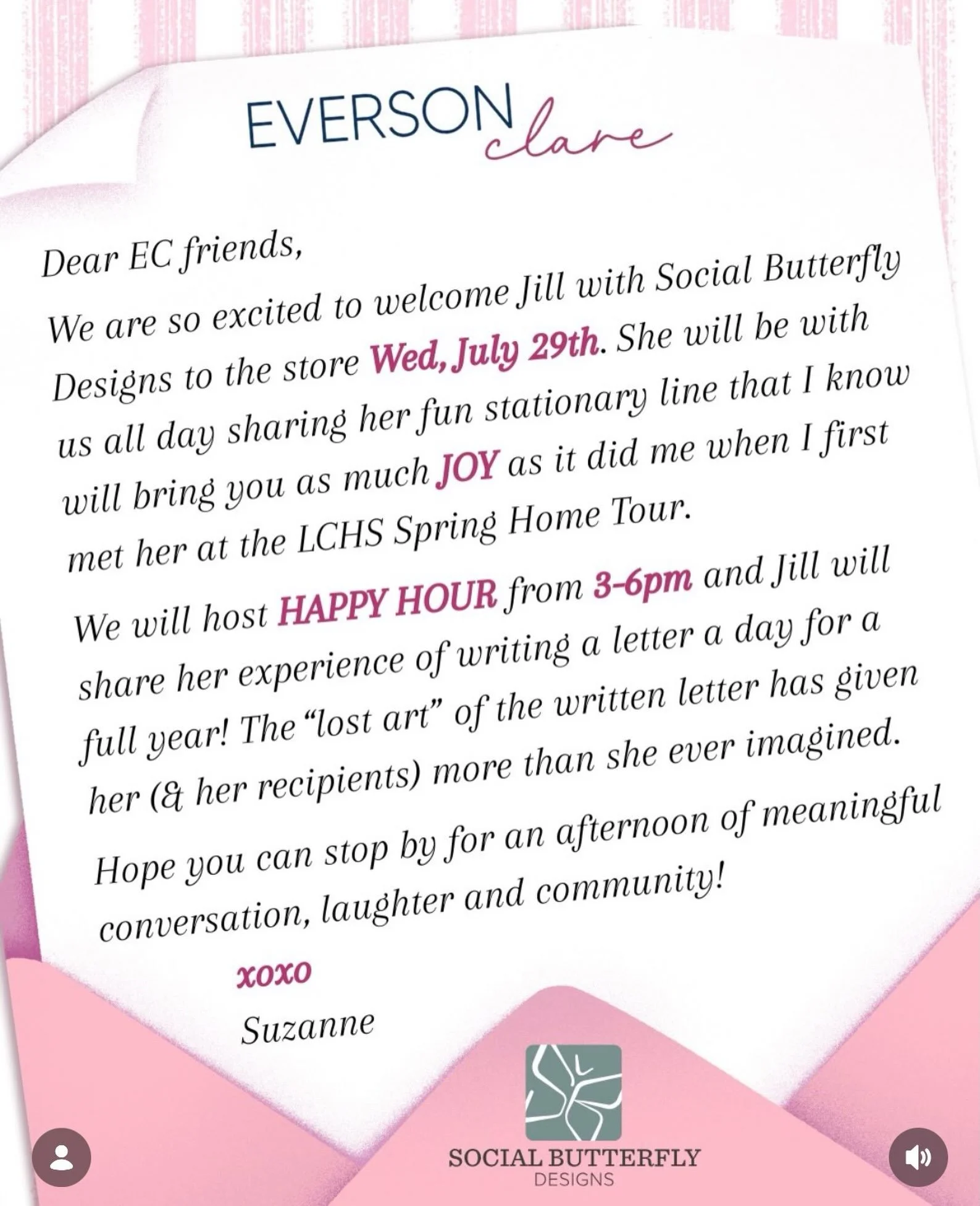 I am excited for my first speaking engagement on the power of handwritten notes (and pop up 🛍️)&hellip; If you happen to be in La Ca&ntilde;ada on Wednesday July 29, please join us for a happy hour and discussion @eversonclare 💌🦋💕