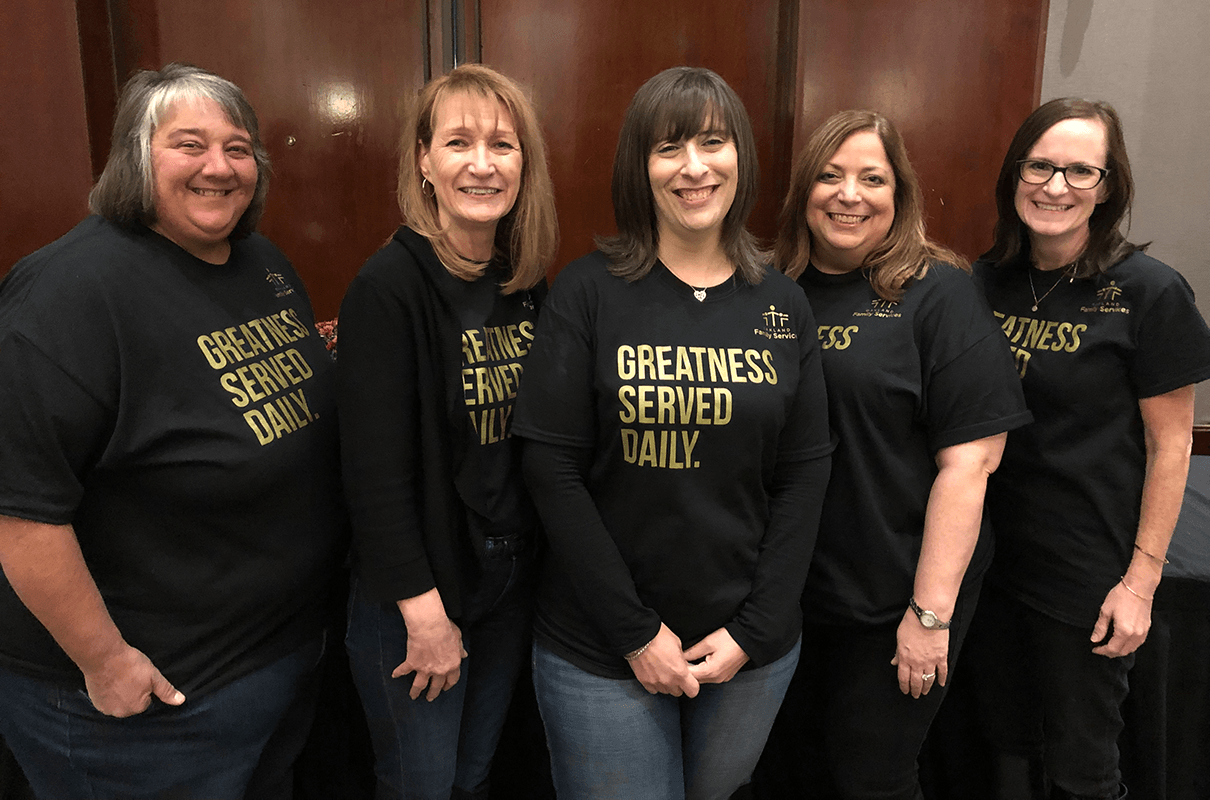  Oakland Family Services’ Executive Leadership Team is pictured at a 2019 general staff meeting. From left: Natalie Marchione, Kathleen Lynd, Jaimie Clayton, Julie Mison and Kerri Gentry. 