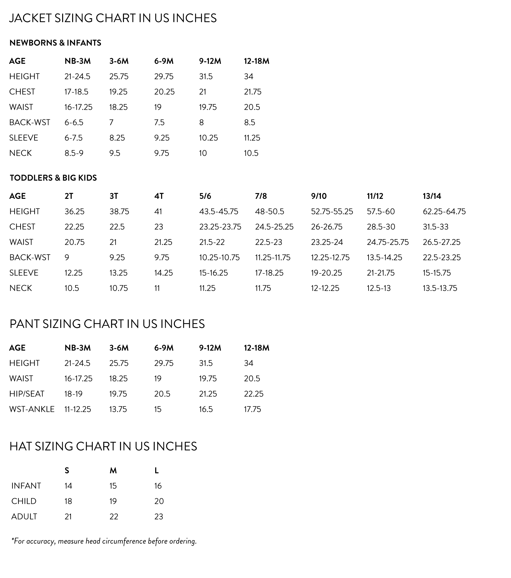 Darb Dunham Kids — Outerwear Size Charts