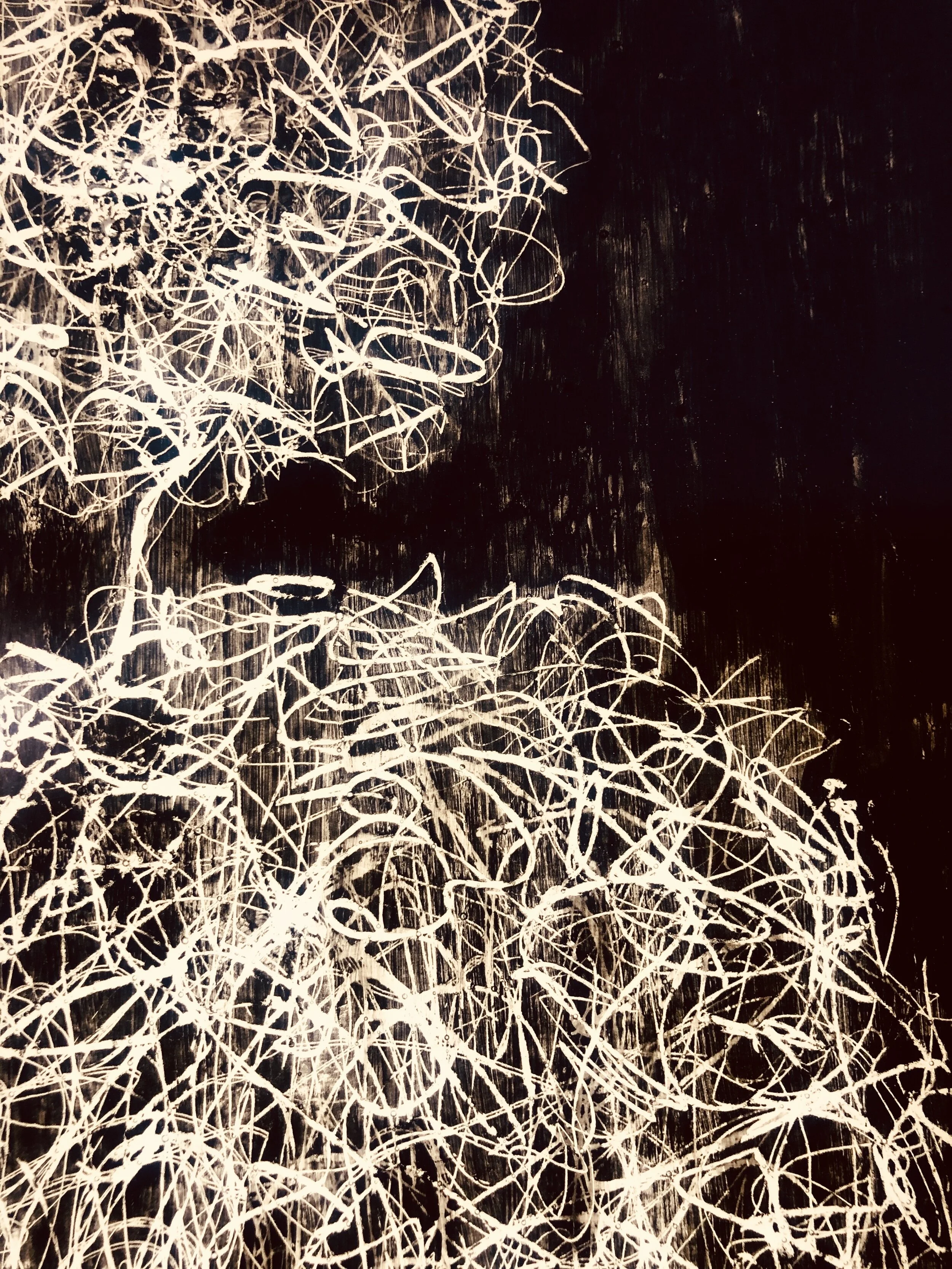  Diagnosis (detail)  Kilnformed glass, brushed black enamel, sgafitto  29.5” x 8.5” x .25”  2019 