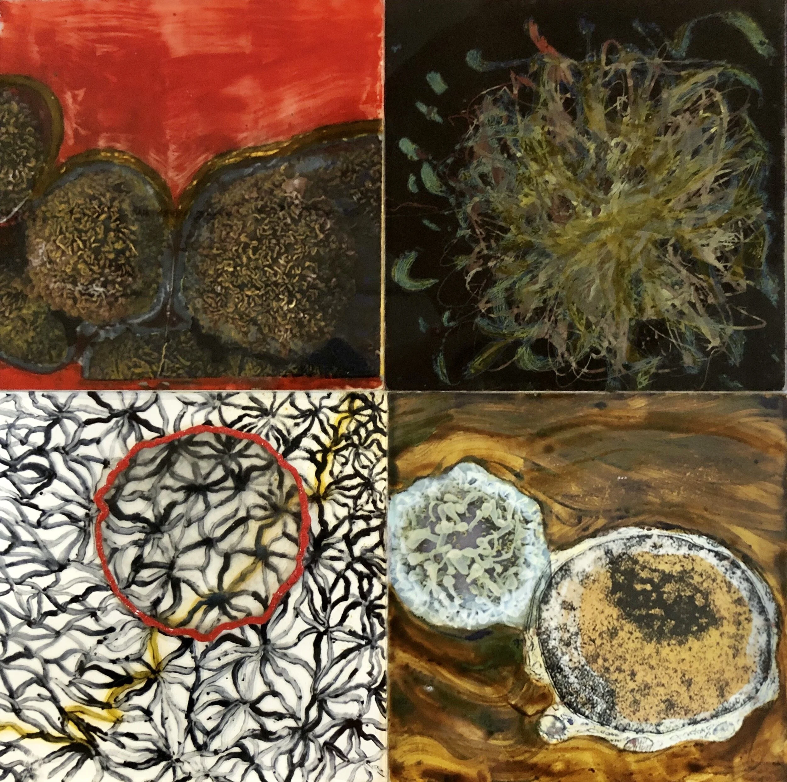  Anatomize (detail)  Float glass, brush enamel, decals, silver stain  14.5” x 14.5” x .125”  2019 