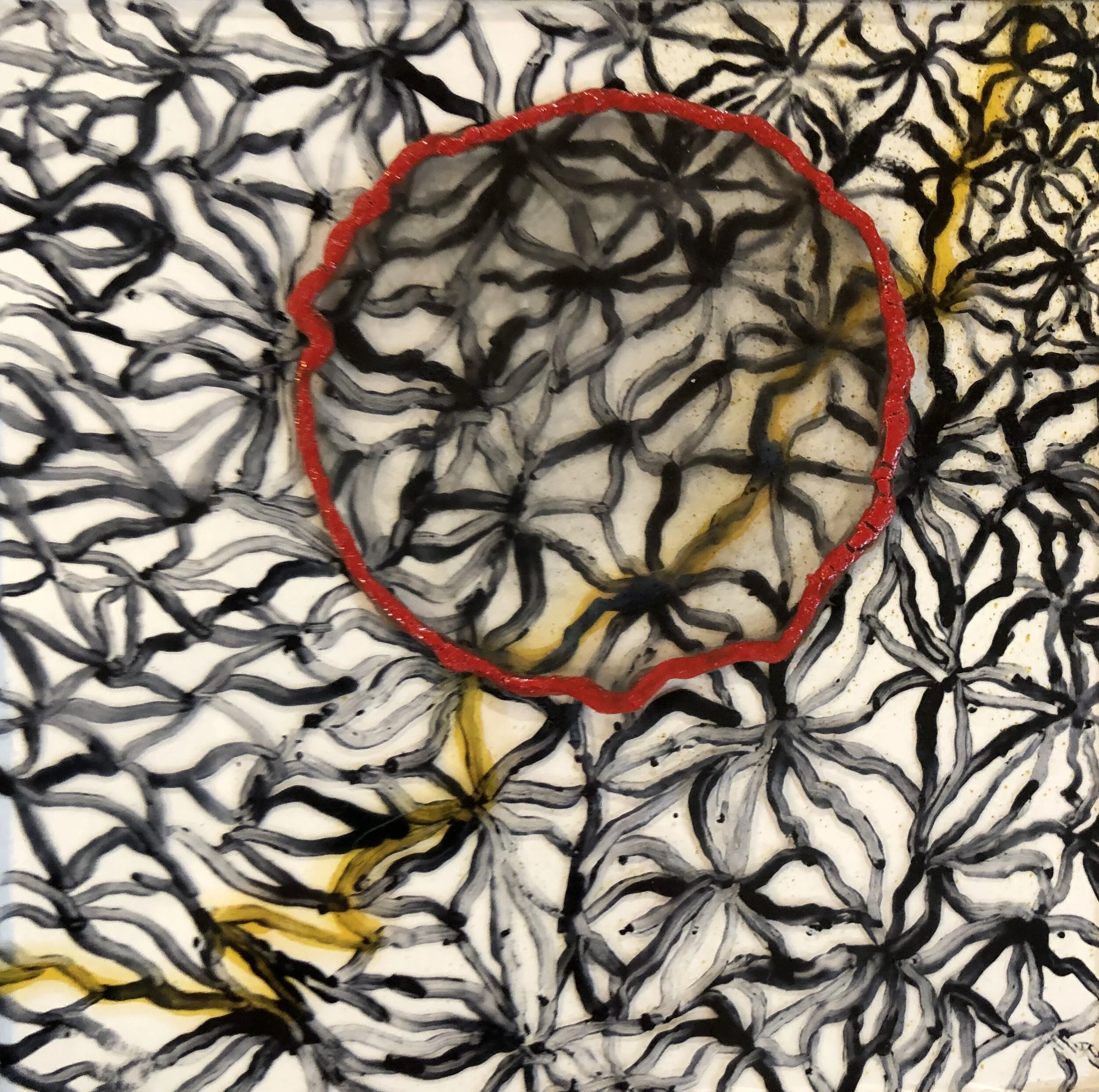  Anatomize (detail)  Float glass, brush enamel, decals, silver stain  14.5” x 14.5” x .125”  2019 