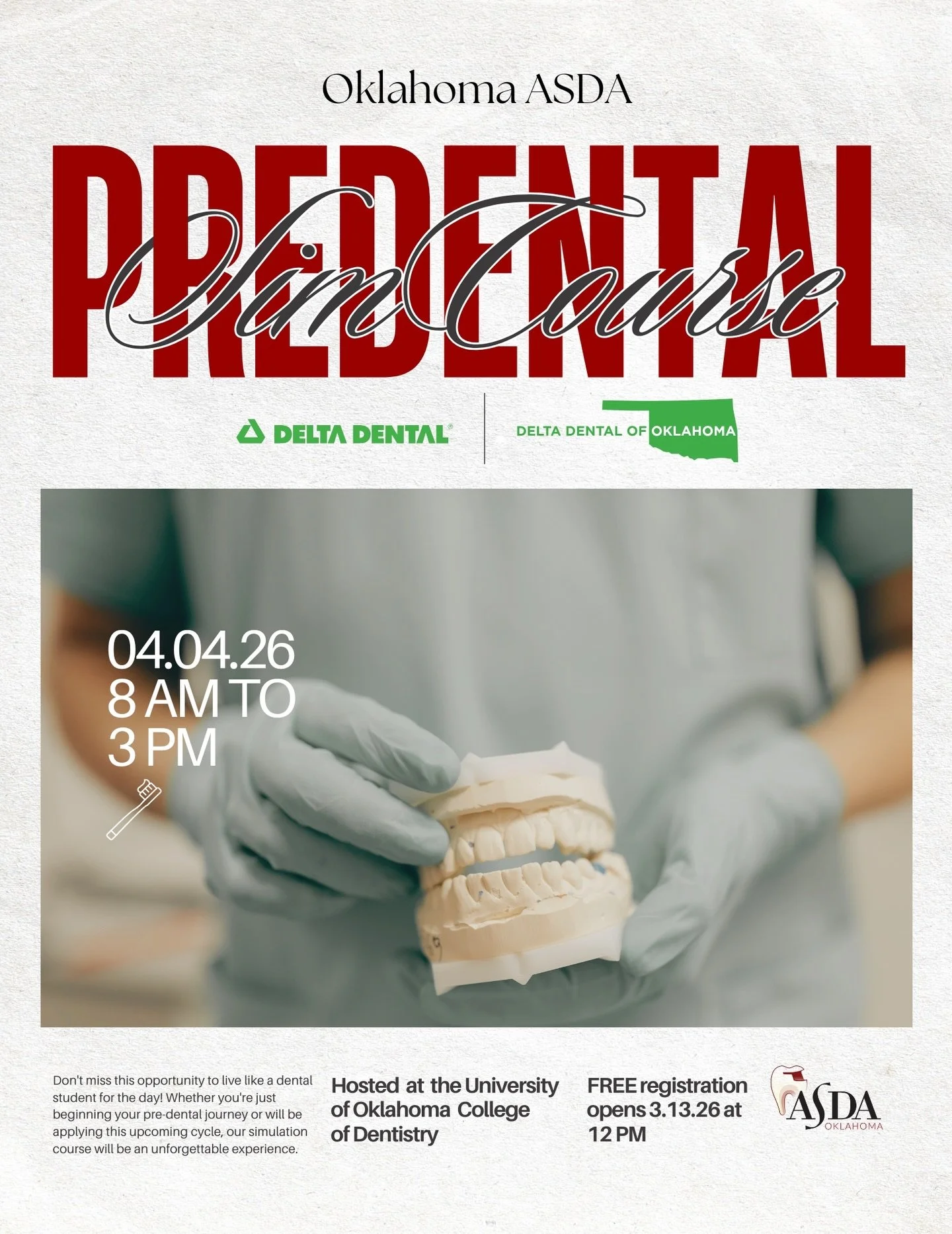 Mark your calendars pre-dentals! 
Delta Dental is sponsoring pre-dentals to attend for free this time! 55 spots available with registration opening on 3/13 at noon. Link in bio