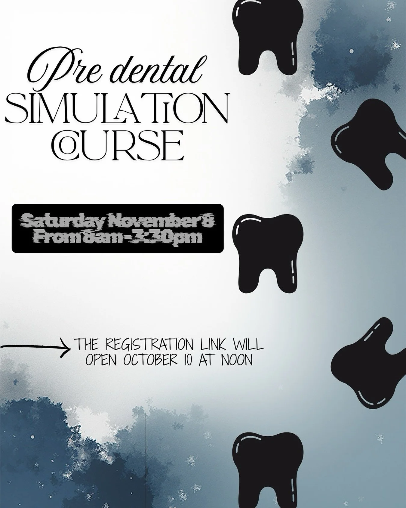 Hello Everyone! We are excited to announce that our Fall Pre-Dental Simulation Course will take place on Saturday, November 8 from 8am-3:30pm. If you would like to learn more about dentistry and cut and restore your first preps, wax up teeth, and lea
