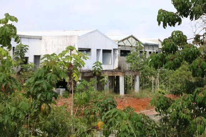 Image captionThe La Barriada health centre stands half finished as the jungle regrows around it