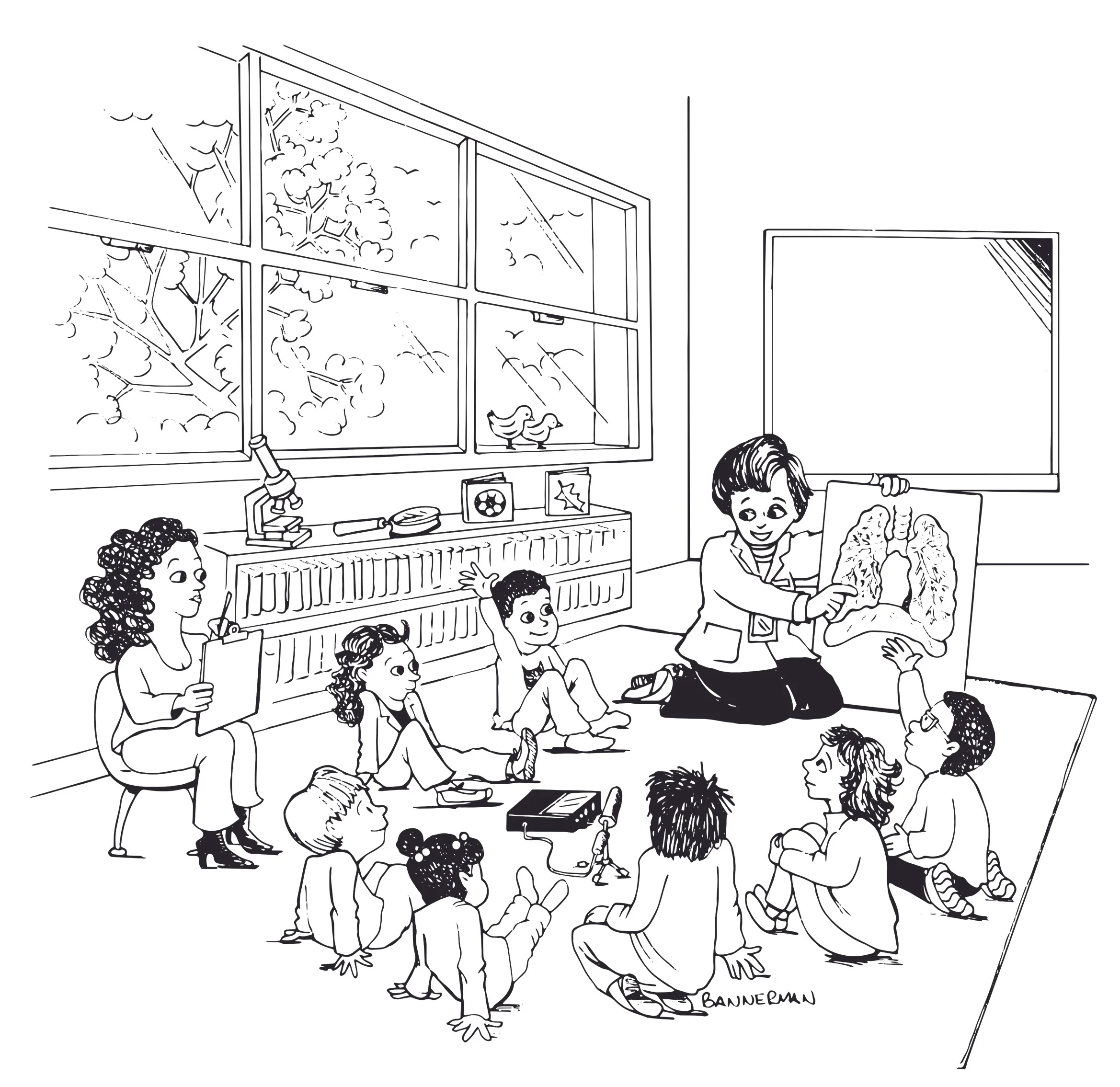 A page from Sophia Learns About Research . The activity book has been translated into three languages.