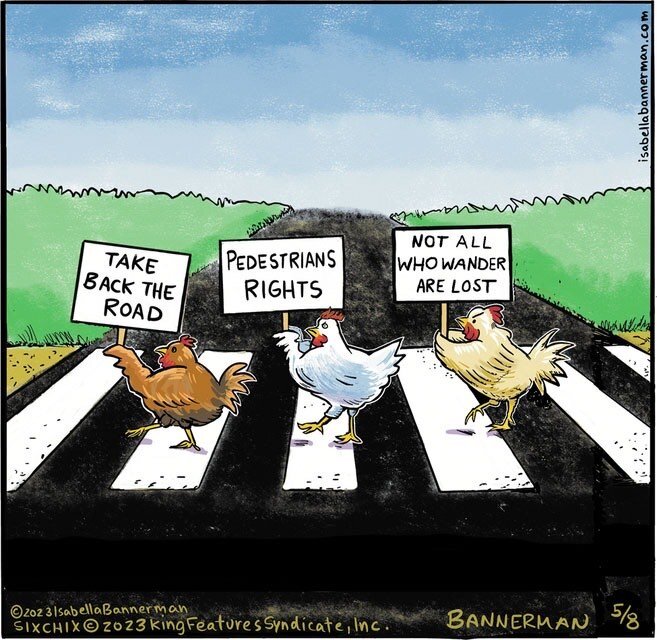 Look both ways. @ComicsKingdom @KingFeatures #chickens #road #pedestrians #animals #safety #traffic #humor #cartoon #protest #rights