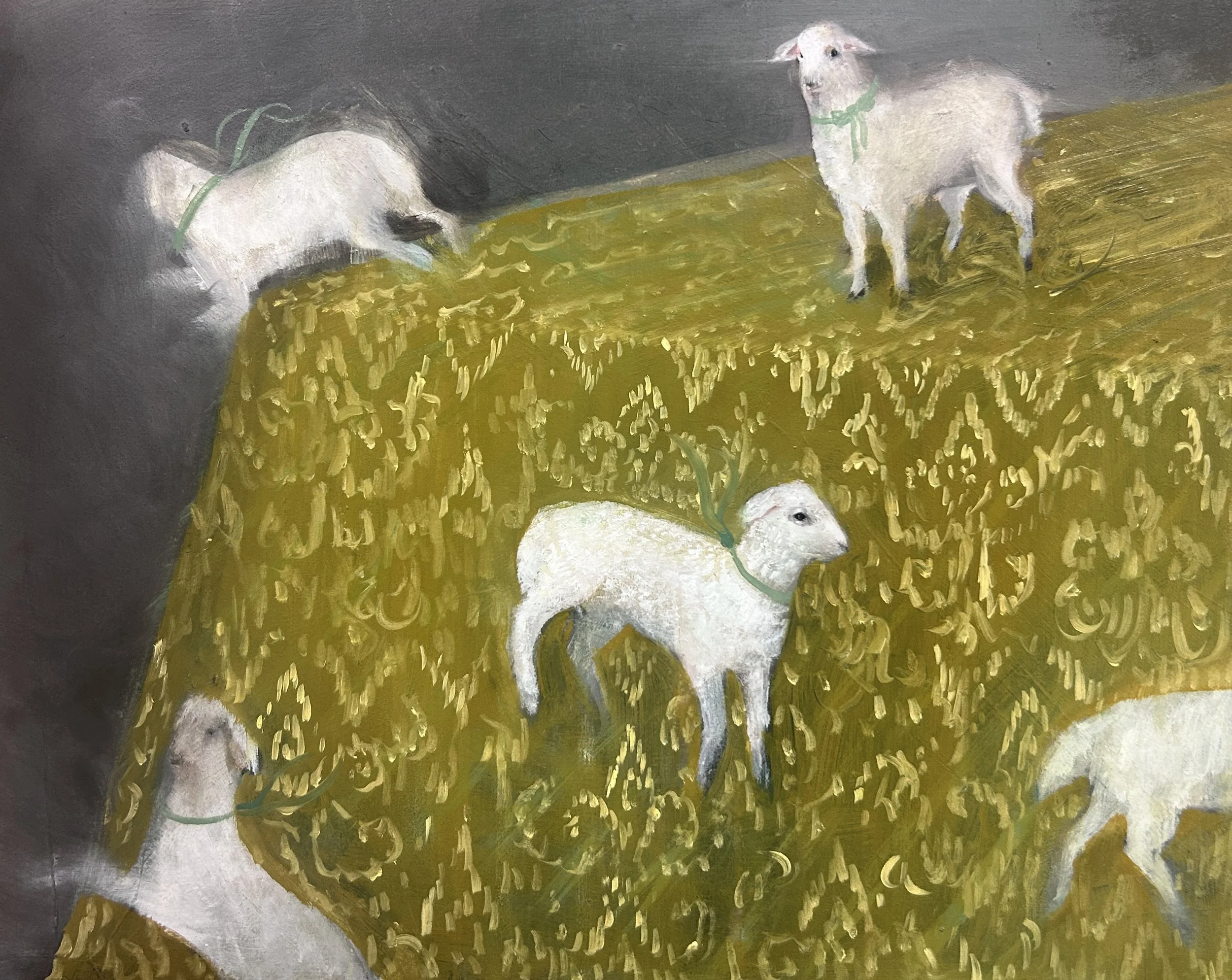 A painting of toy sheep comping to life and falling off the edge of the table