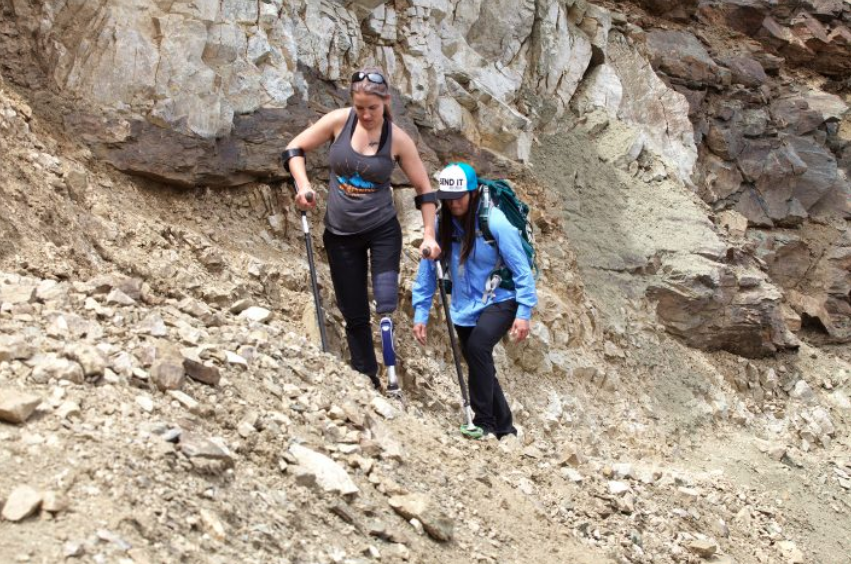 Veterans Kirstie Ennis (front) and Katelyn Sheehan will be attempting an all-veteran, all-female summit of Mount Denali in June. Their guides are also female. They are pictured here doing a training climb. (Gary DeJidas)