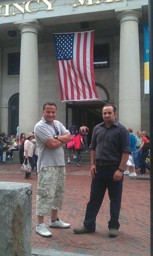 Brothers Wisam and Khalid Al-Baidhani see each other for the first time in the US, in Boston, Massachusetts, 2011.Credit: Courtesy of Peter Farley