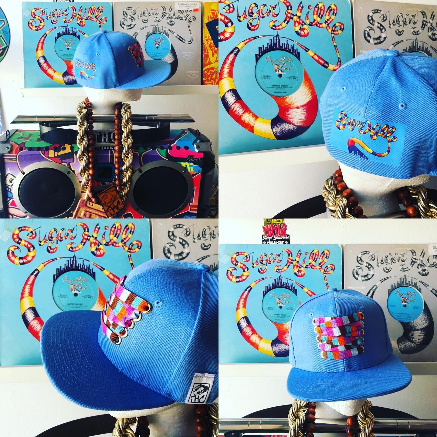 Now what you see is not a test, 
I&rsquo;m lacing to the beat...
The hit record that introduced the underground culture of hip-hop to the mainstream at the end of 1979. Nuff said. Custom sky blue snapback remixed with gold eyelets and rainbow lace to