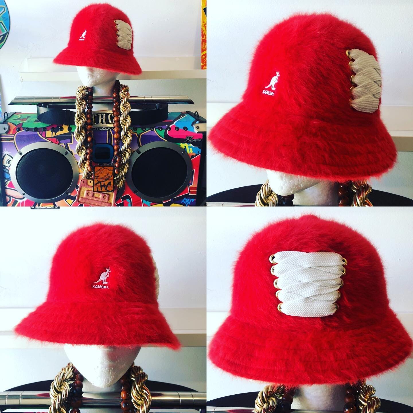 The Kangol scarlet red with white is one of my favorite colorways. Just finished the Furgora Classic, remixed by hand with gold eyelets and white fat lace. Ultimate hip-hop style. True Headz know where it&rsquo;s at. One available, size Large, $75 in