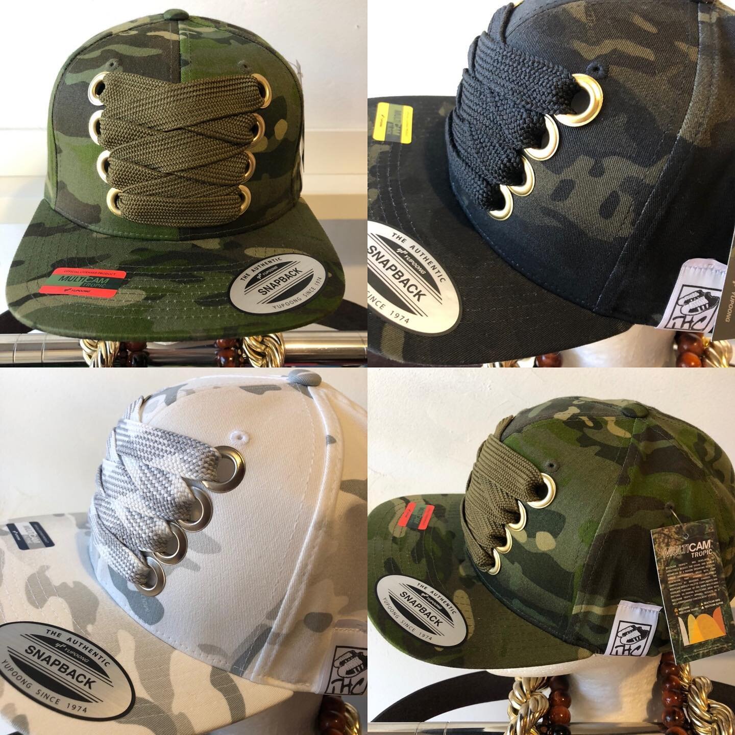 I just found my new favorite camo! This Multicam from Yupoong is doooope, and the hats are premium quality too. Camo 3 ways: Tropic greens, remixed with gold eyelets and olive green XL fat lace; Alpine white, remixed with silver eyelets and grey &amp