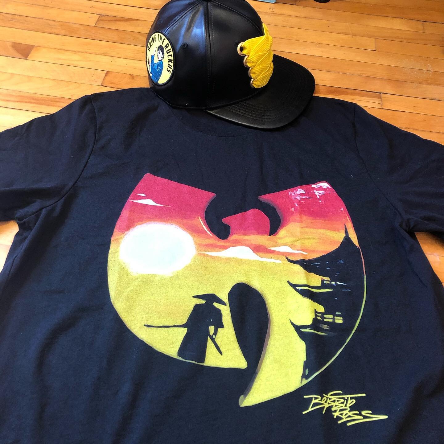 My &ldquo;Story of the Samurai&rdquo; t-shirt just arrived from @bobbitoross and is even doper up close than I hoped for 👐🔥 Paired with a black pleather snapback remixed with yellow XL fat lace and @kfusupplyco Wu Tang x Shaw Brothers patch. Get at