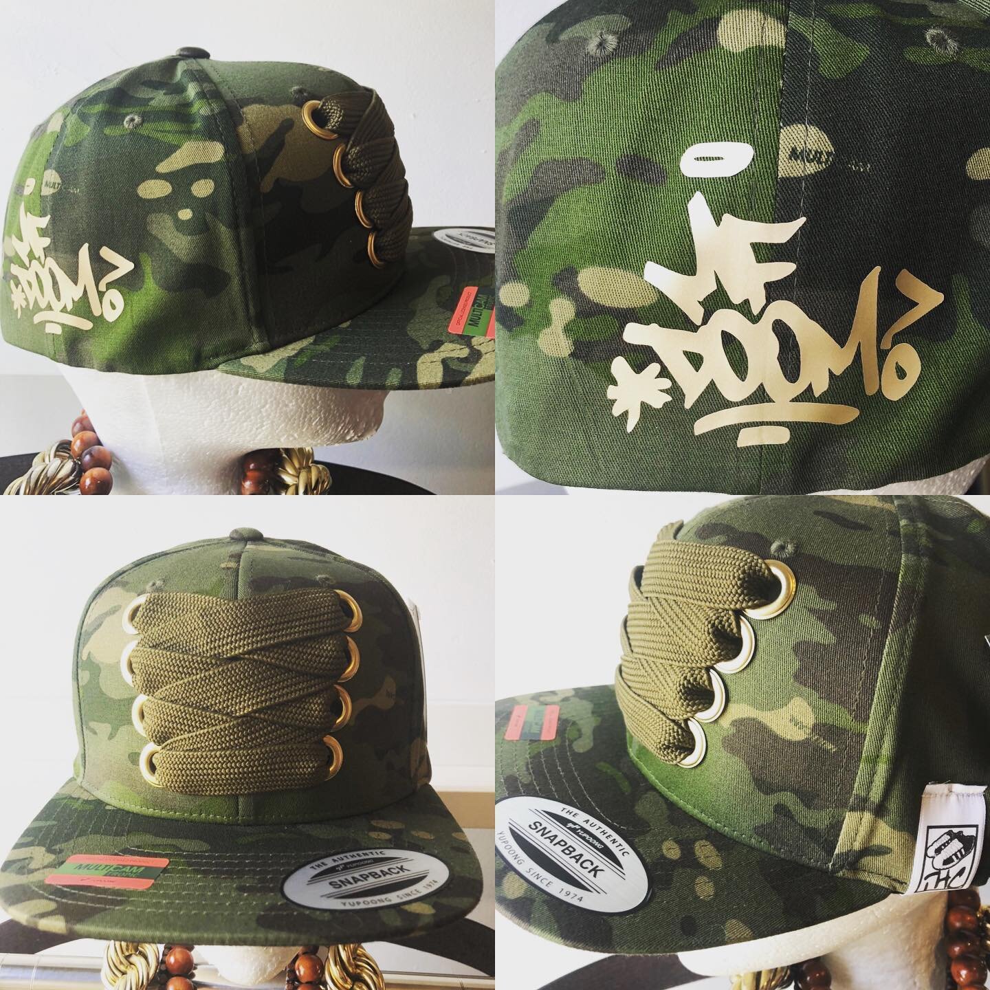 The hues in this camo snapback are a perfect complement to the gold vinyl MF DOOM logo I applied. Yupoong Multicam Tropic Flexfit snapback, remixed by hand with gold eyelets, olive green @bboylaces XL fat lace, with gold MF DOOM logo on the side. $40