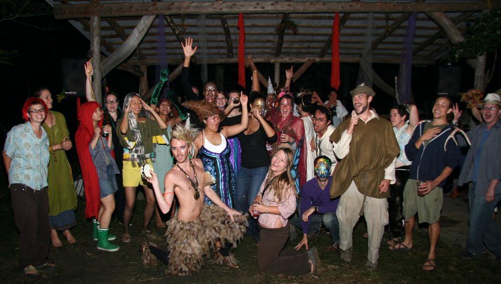 A costumed all-night dance party on the land following Carrie & Bob's commitment ceremony in 2007. (photo by Erika)
