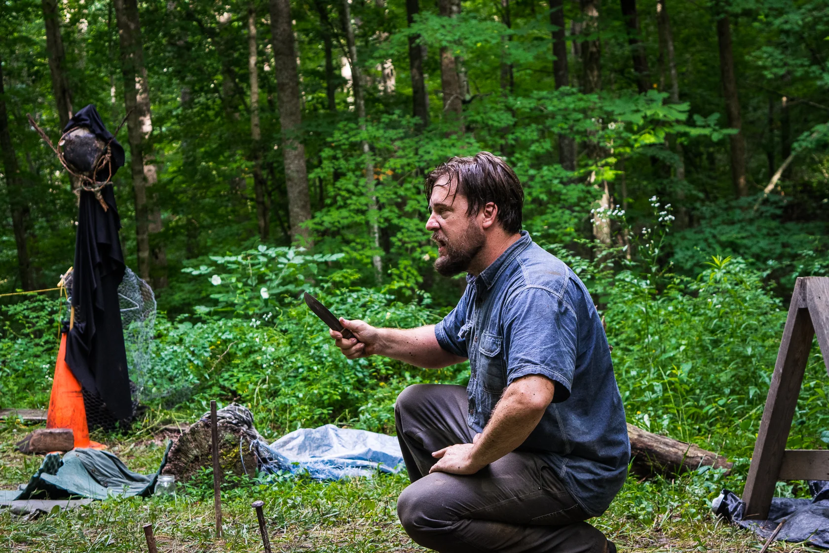 Above & Below: Robert Martin as Ezell (photos by Erica Fladeland, Holly Stone & Travis Coe): Also below: Samples of the Ezell work-in-progress and other Solstice Spectacle performances at Clear Creek (video by 750Four Productions).
