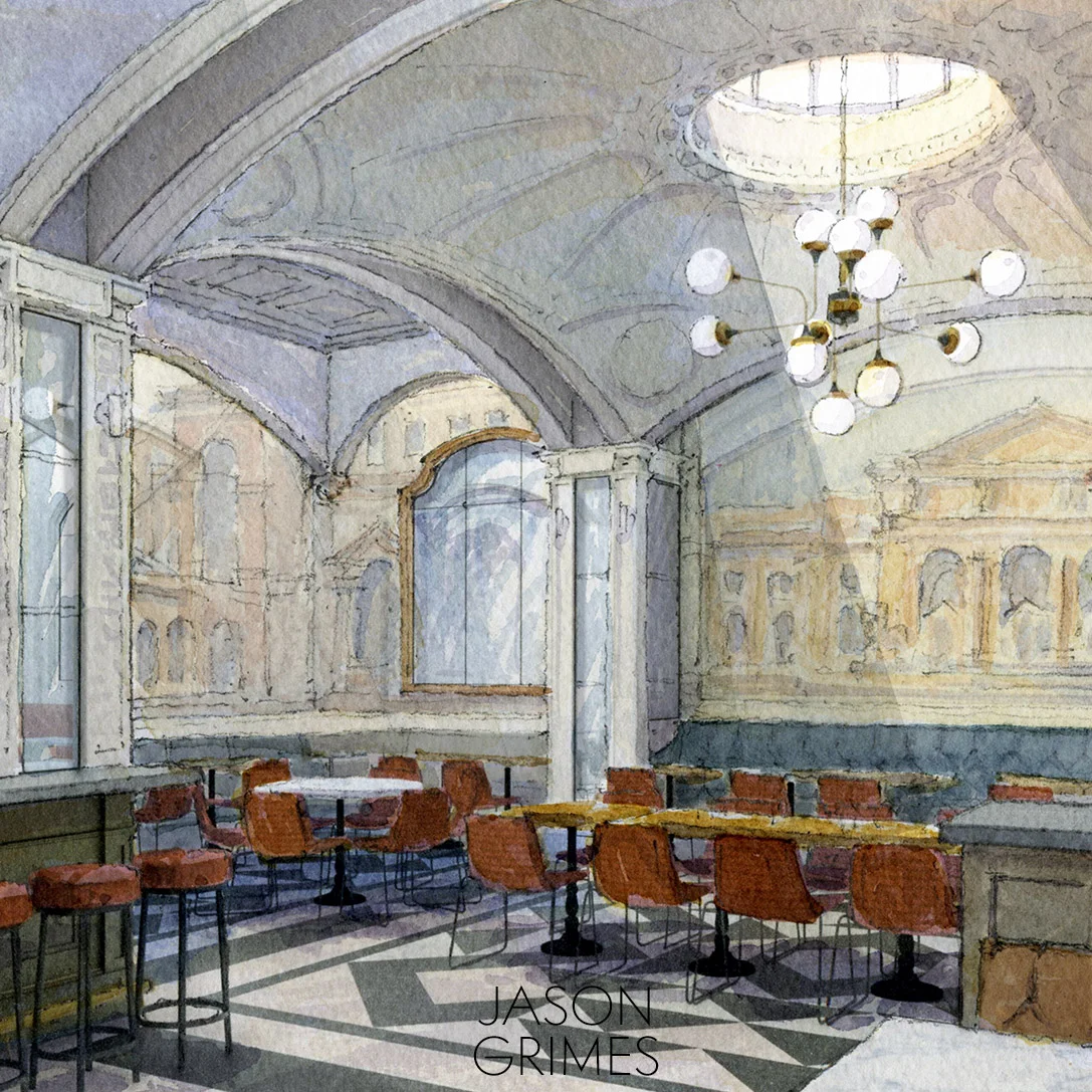 The Dining Room - Floating plaster vaults make way for skylights lighting impressionistic wall murals and Soane inspired detailing.