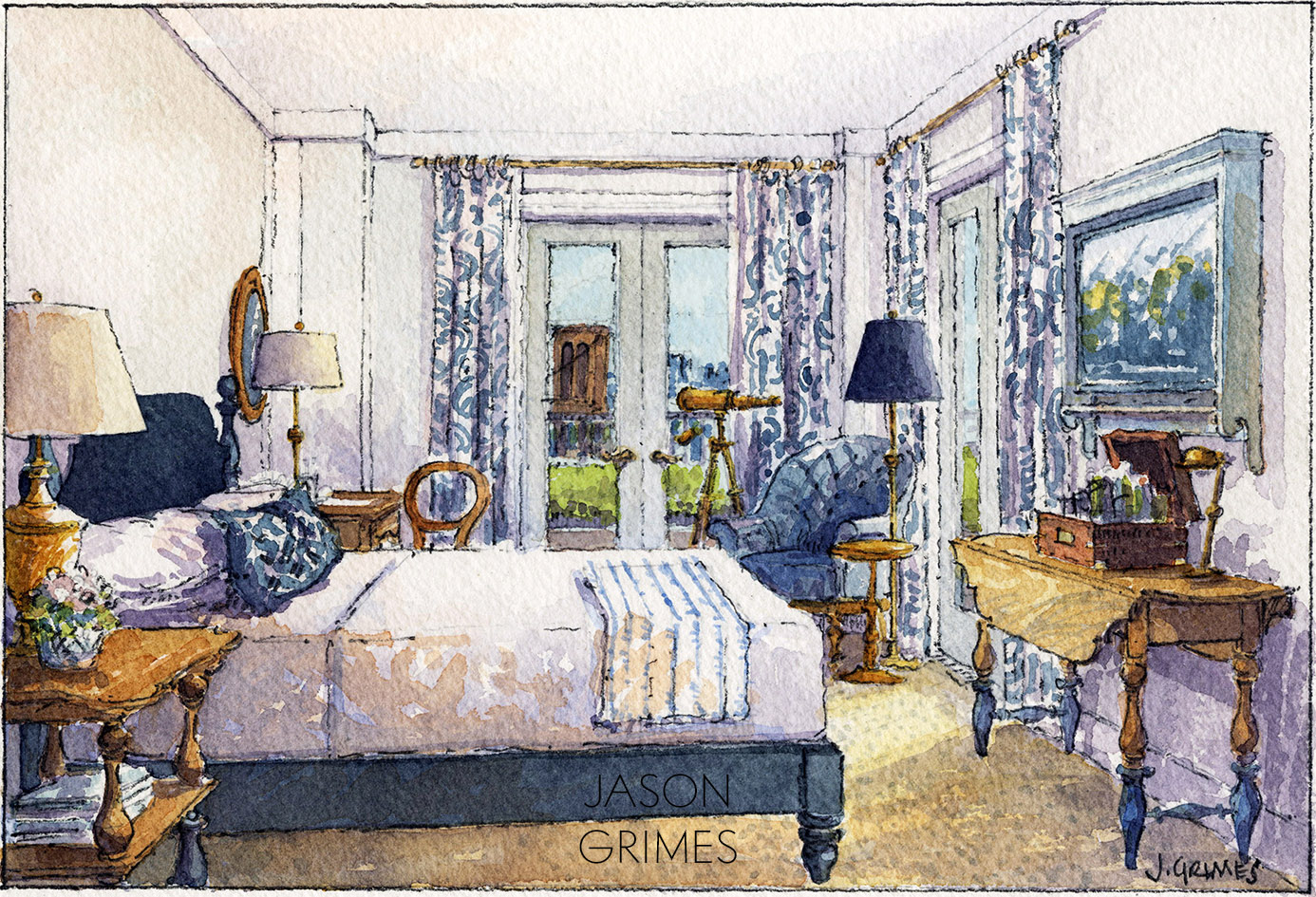 The Captain’s Suite -It was critical that Jason created a suite of American furniture that didn’t feel like your Grandma’s. The investors made that clear when their jaws dropped at the mention of Colonial. Flip top tables with dipped Windsor-legs in white oak set the tone. The black cannonball bed, raw brass lamps and custom monochrome patterned textiles made it clear this was a new kind of colonial.