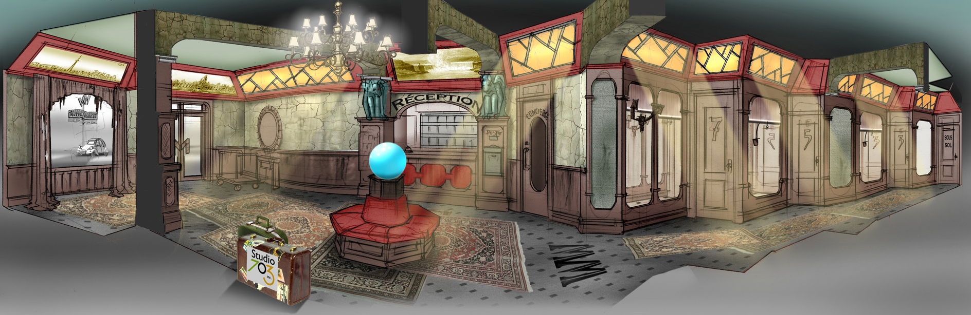 Décors du lobby de Motel Monstre, créé par Michel Marsolais
