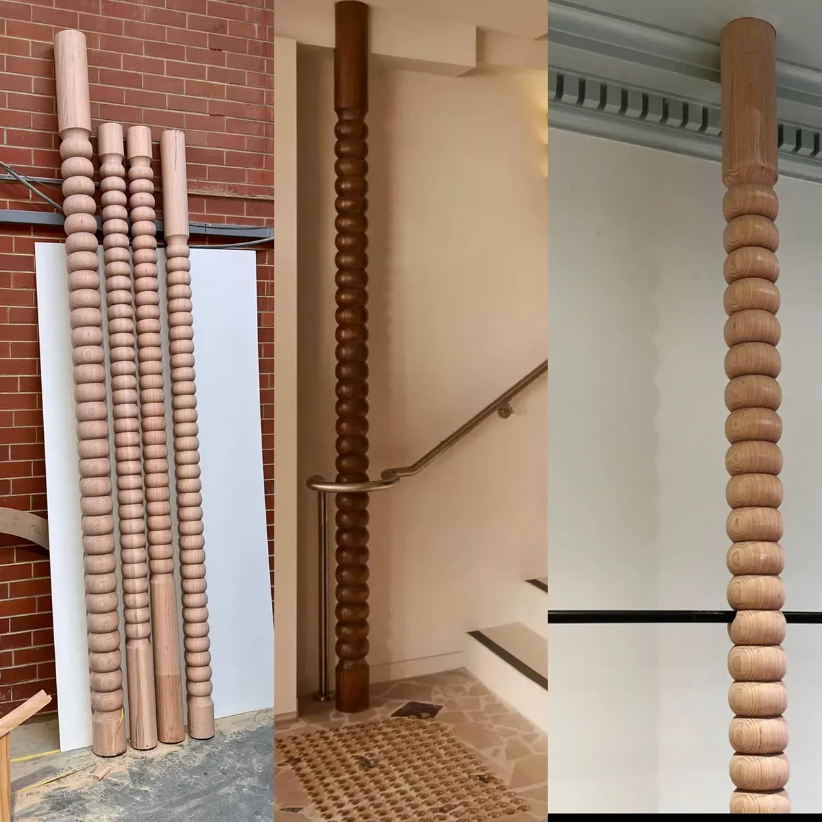 Composite photograph of bobbin-style timber posts in the workshop and a stairwell