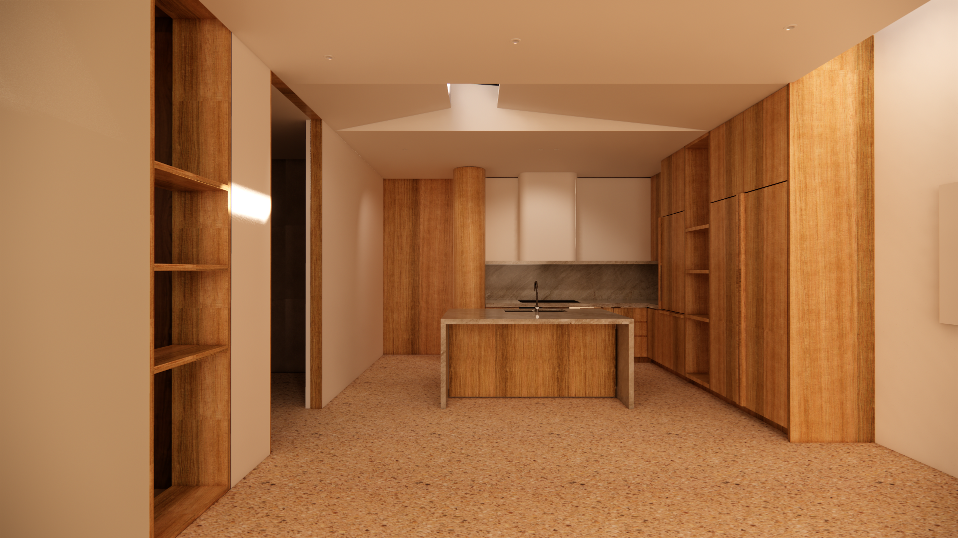 Luxton Architecture — modern kitchen with timber cabinetry, island bench, and polished concrete floor, feature curve detail, Melbourne interior design.