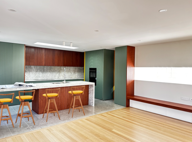 Luxton Architecture — contemporary kitchen design with green and timber joinery, marble benchtop, island entertainer and timber flooring, Northcote Melbourne residential project