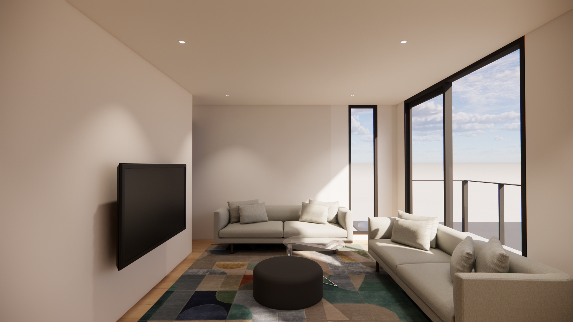 Luxton Architecture — multi-residential apartment living room with large balcony windows, neutral tones and contemporary furniture, Richmond, Melbourne