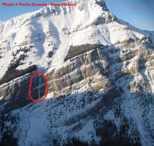 An aerial shot of Mt Bourgeau with our route circled in red. Note the amount of avalanche terrain overhead (Source: www.canadianrockiesice.com)
