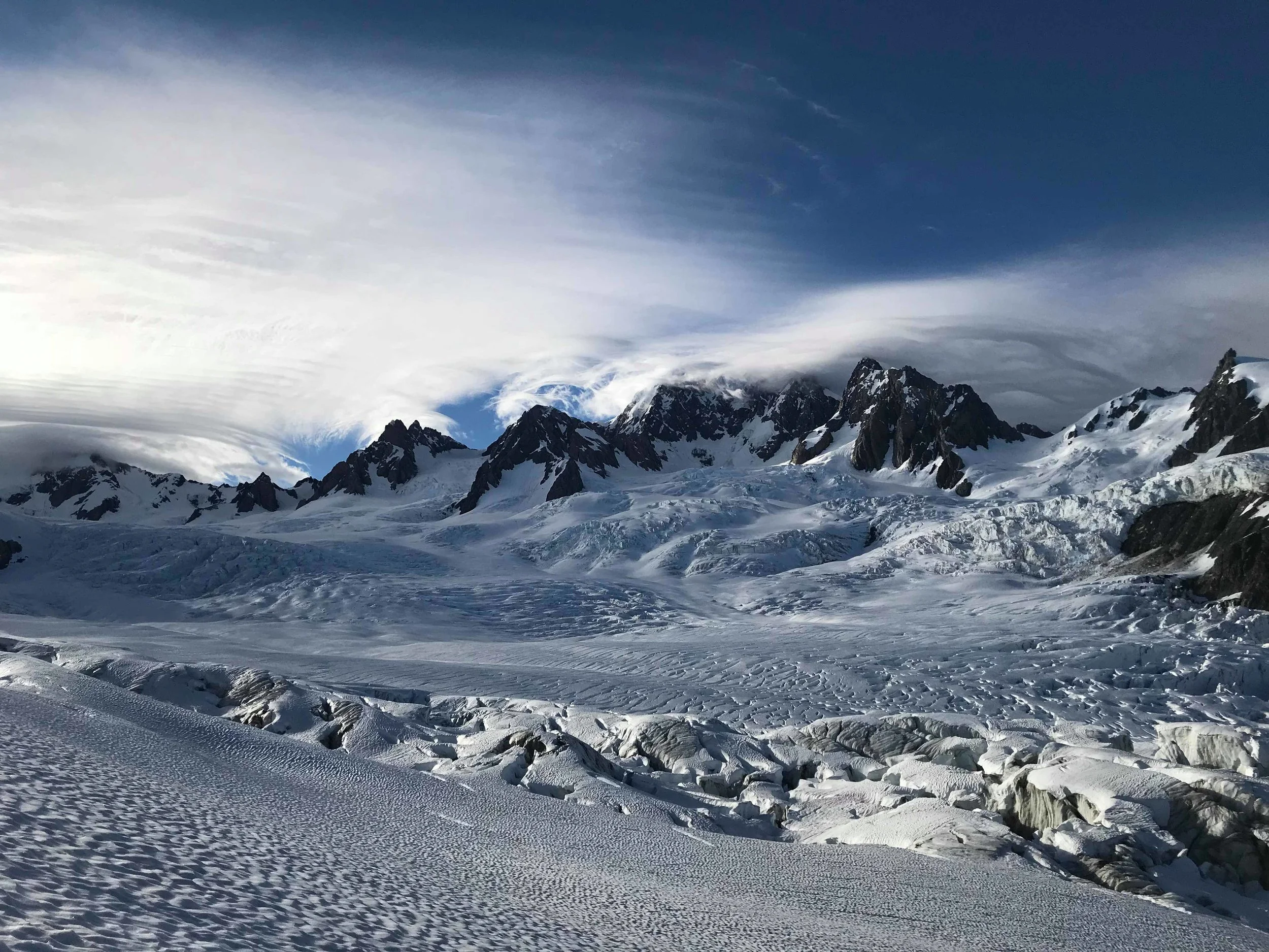 Torres, Tasman and Lendenfeld peaks covered in Lenticular clouds as the storm rolls in. Being stuck up there halfway through the traverse would have been a potentially disastrous situation.