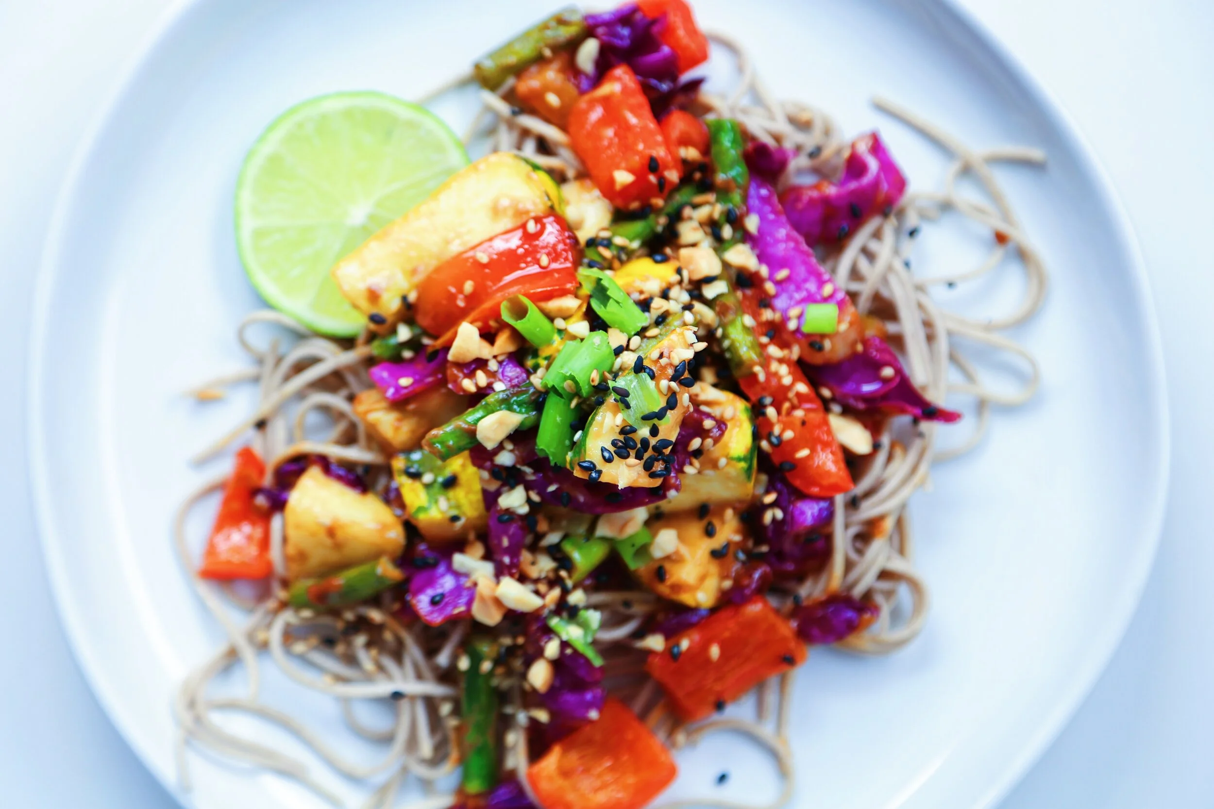 Summer vegetable stir fry with soba noodles &amp; sesame peanut sauce