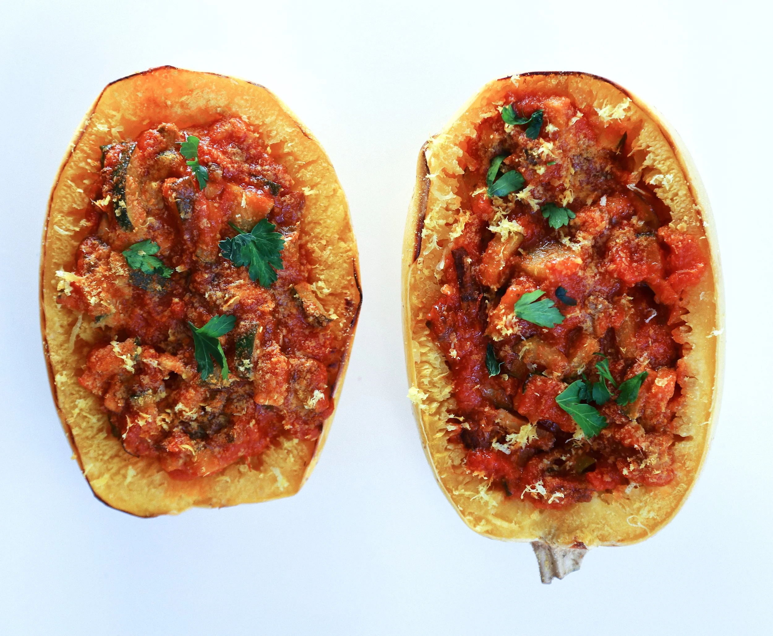 Easy spaghetti squash boats with a "meaty" mushroom marinara