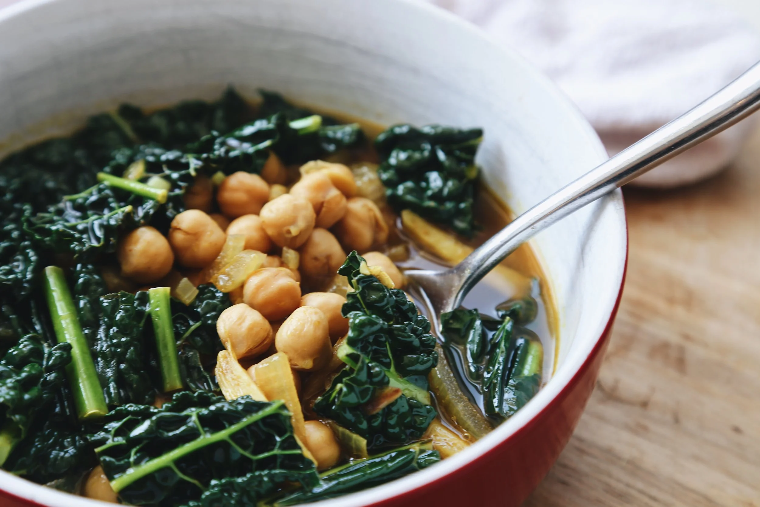Chickpea, kale and ginger brothy stew