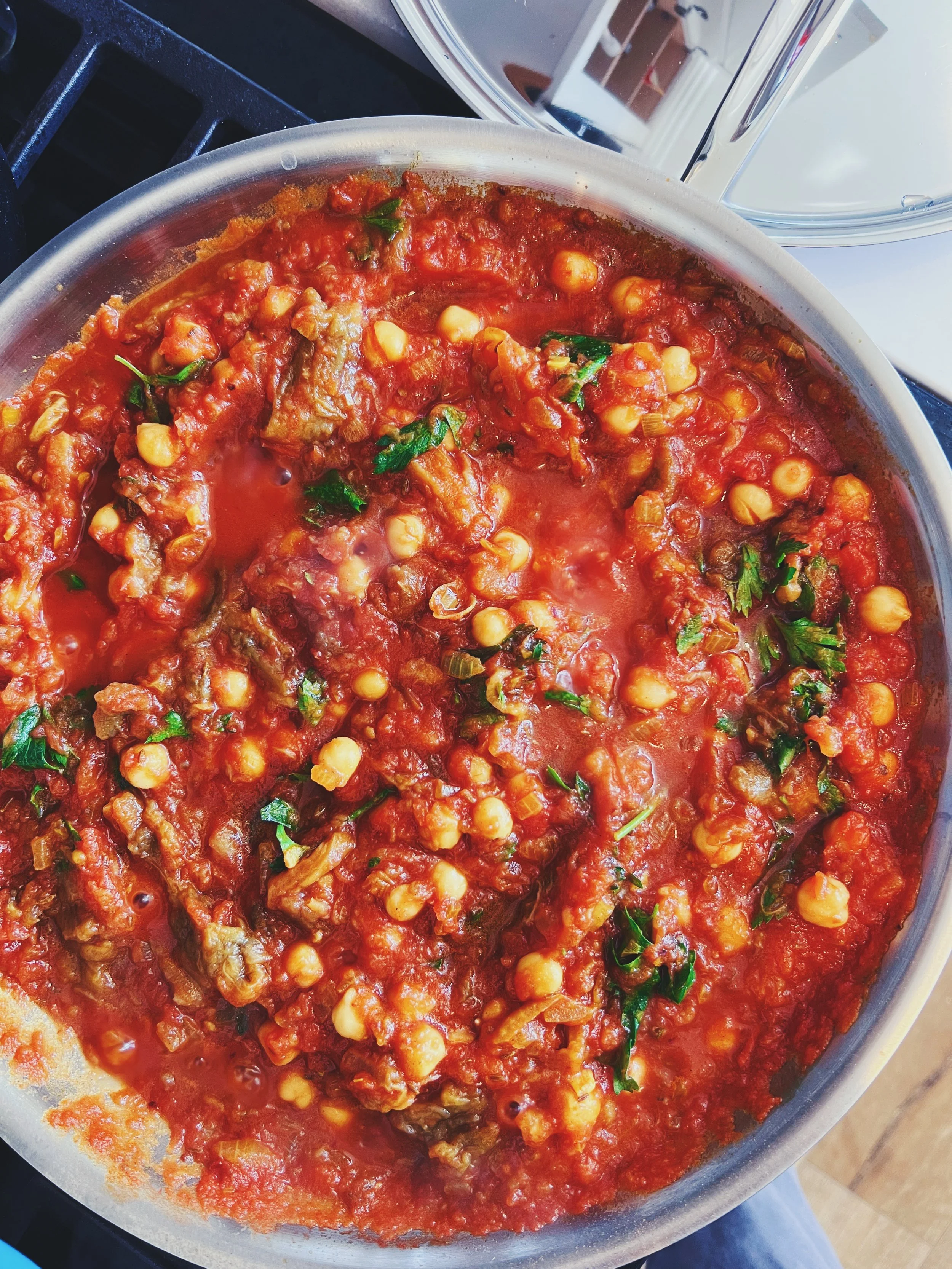 Moroccan-inspired roasted eggplant, tomato and chickpea stew